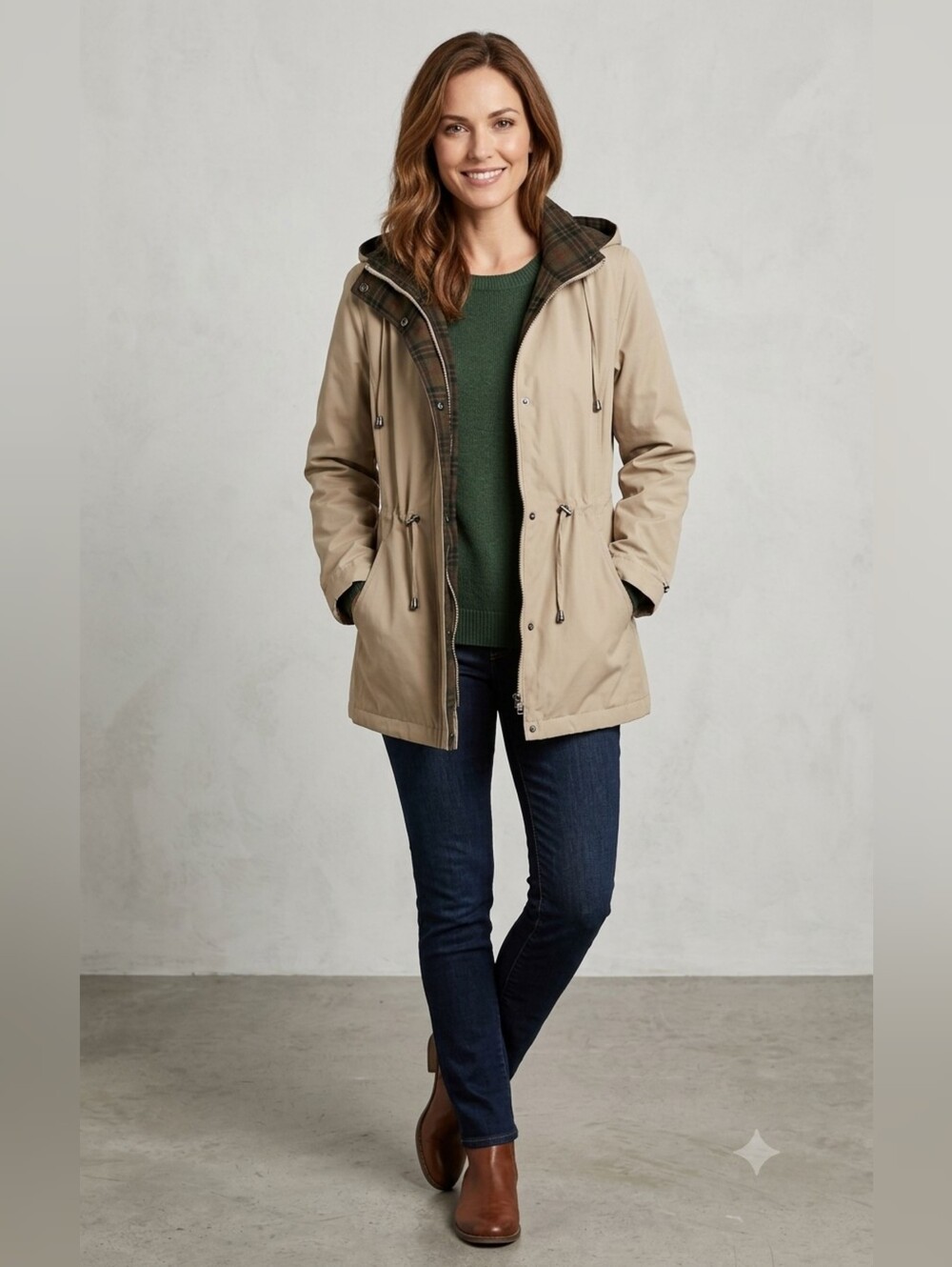 Liz Claiborne L Hooded  Tan Coat 2 In 1 Removable Plaid Lining Pockets  Size  LP